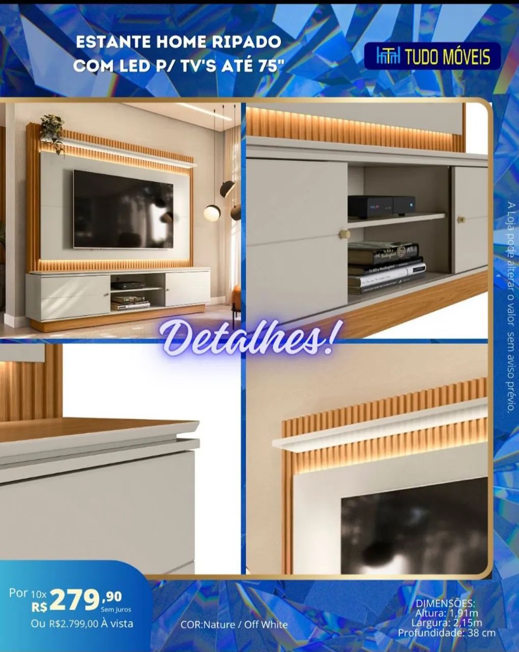 ESTANTE HOME RIPADO COM LED P/ TV ATÉ 75" - Foto 2