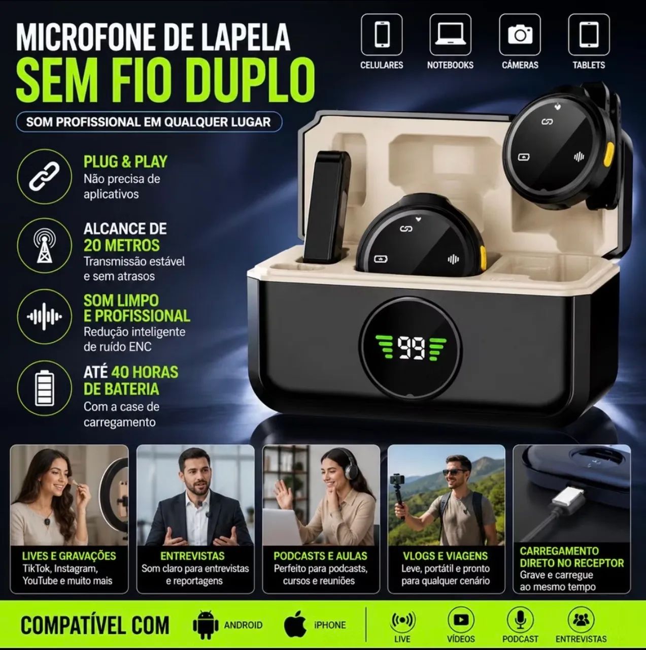 Kit 2 microfones lapela Sem Fio P/ Iphone Ligthning e Type-C - Foto 5