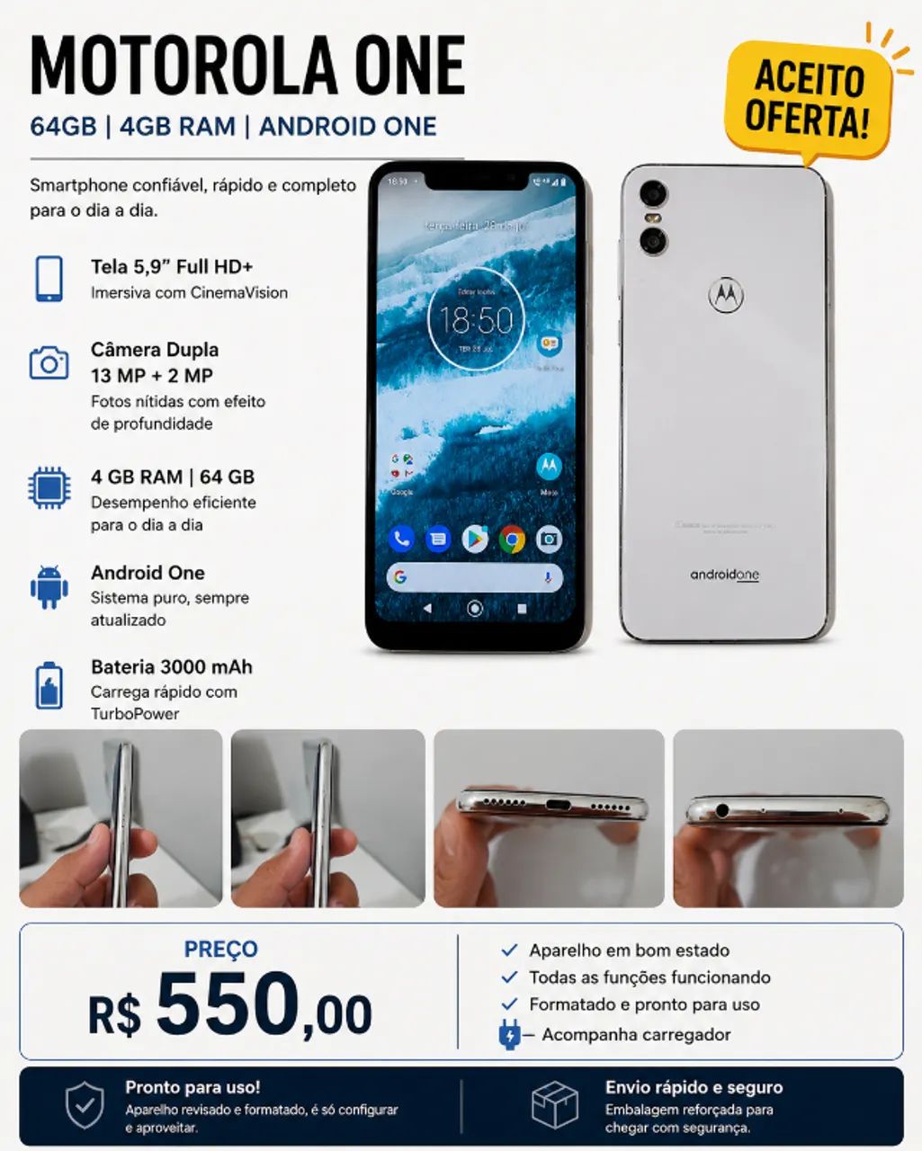 Motorola One 64GB 4GB RAM Branco - Excelente Estado (PREÇO PRA VENDER RAPIDO) - Foto 2