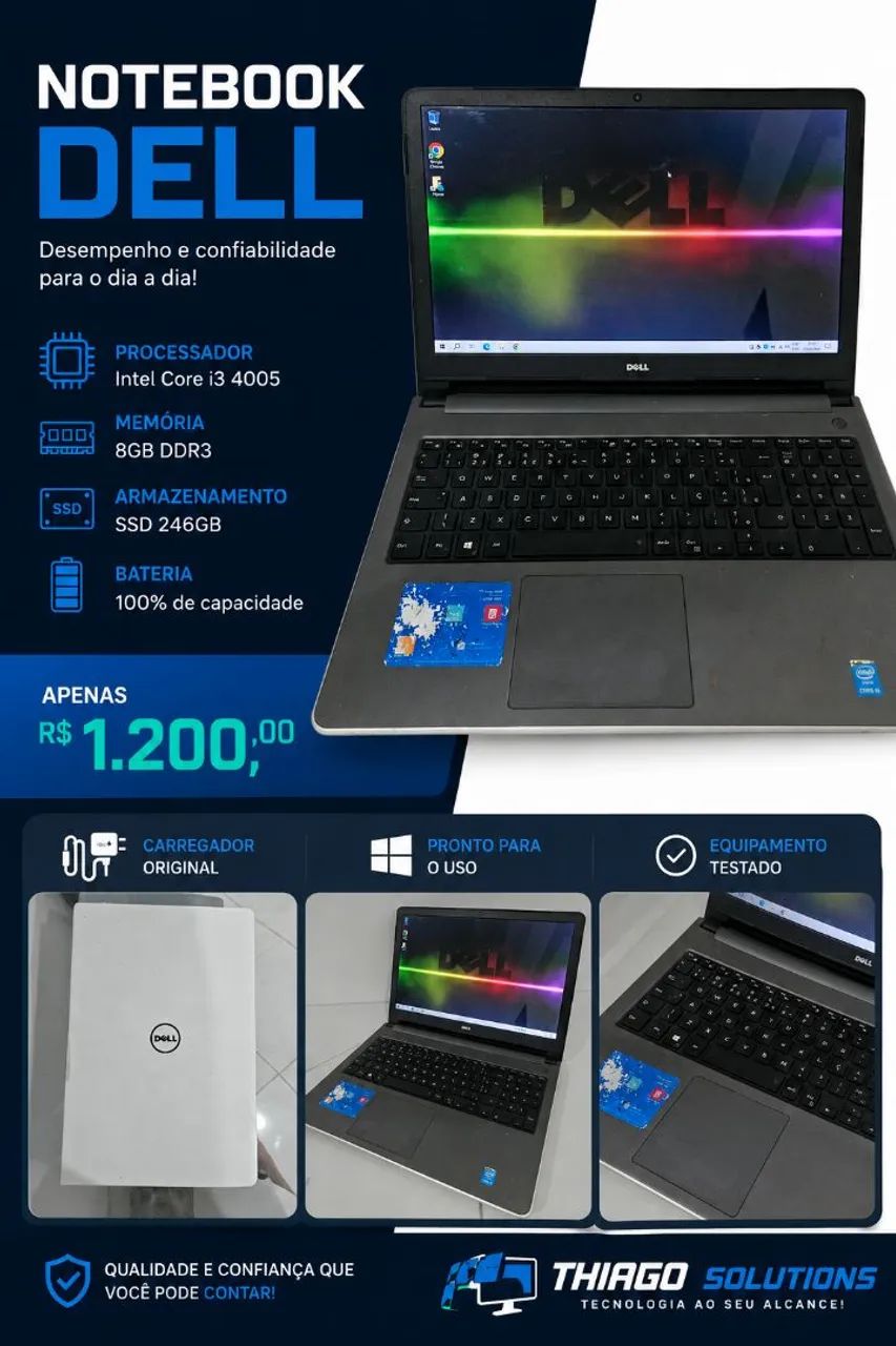 Notebook Dell branco i3, 8gb, ssd 256gb
