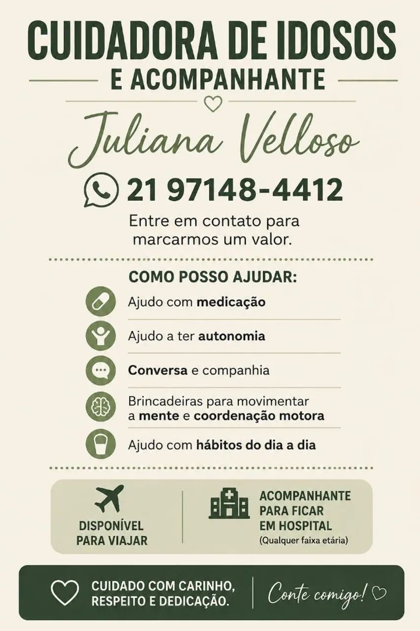 CUIDADORA DE IDOSOS E ACOMPANHANTE PARA HOSPITAL- RJ