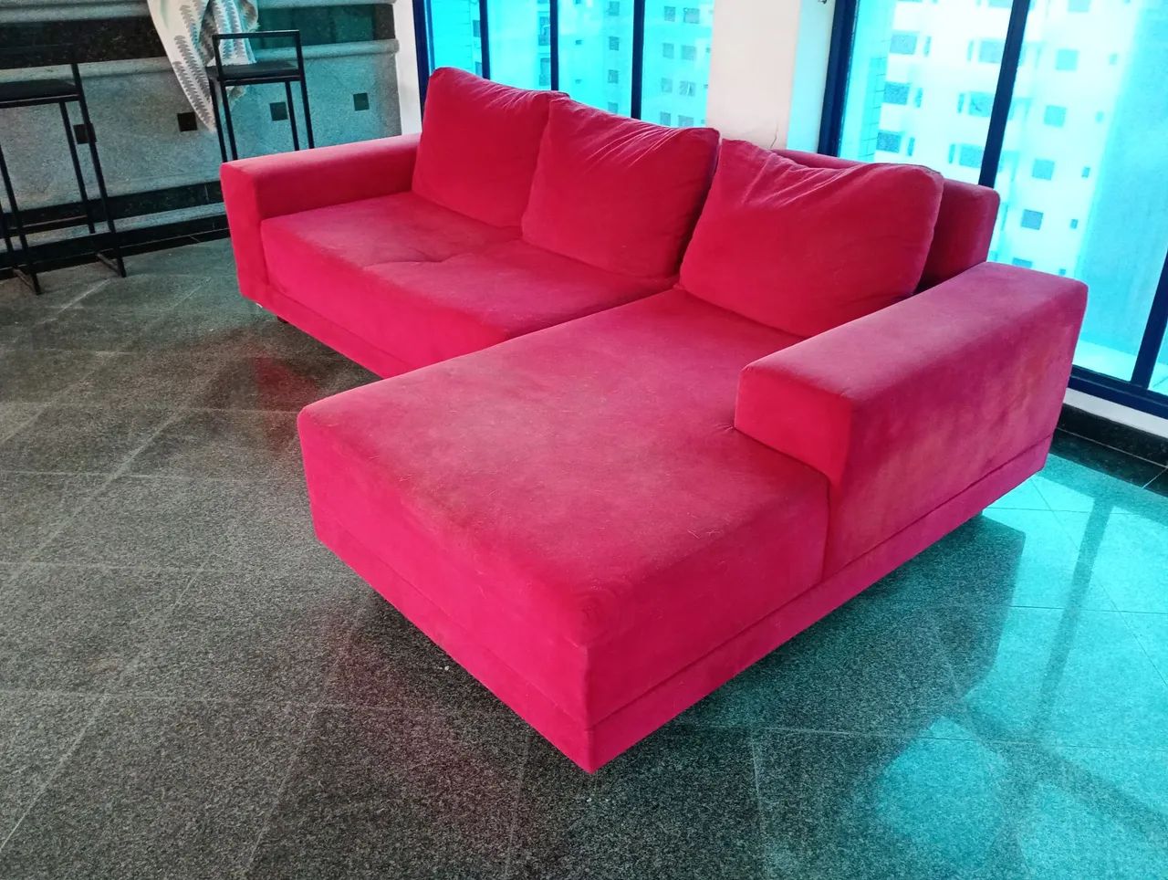 Sofá de Canto em L com Chaise - 3 Lugares Vermelho - Foto 2