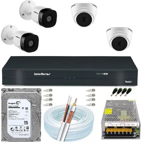 KIT Intelbras 4 Cameras HD completo CFTV monitoramento e Segurança com APP Acesso Remoto
