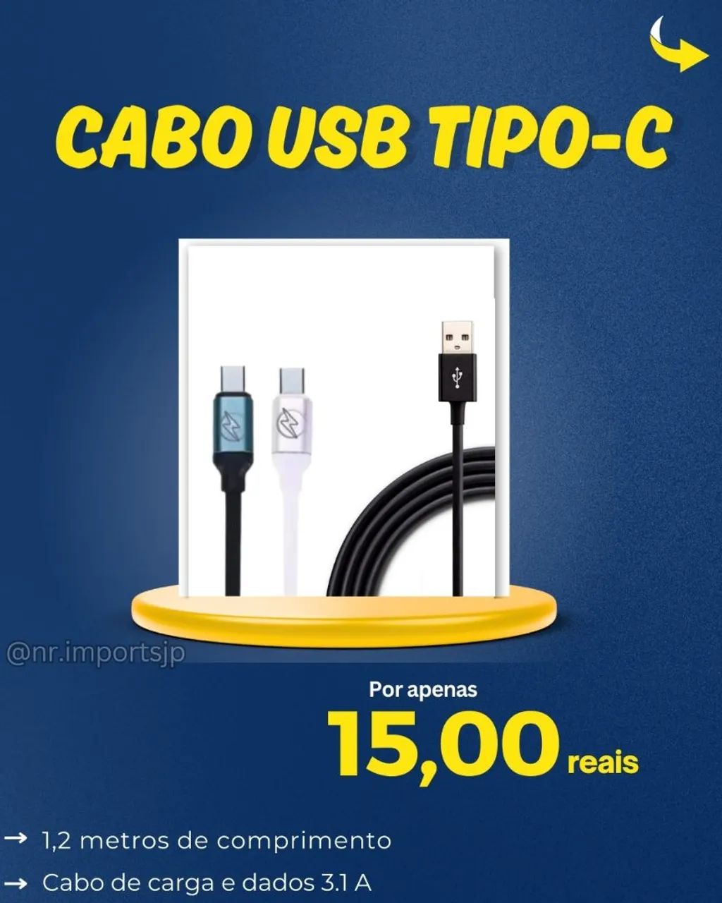 Cabo USB/Tipo-C 1,2 Metros - Carga e Dados 3.1A