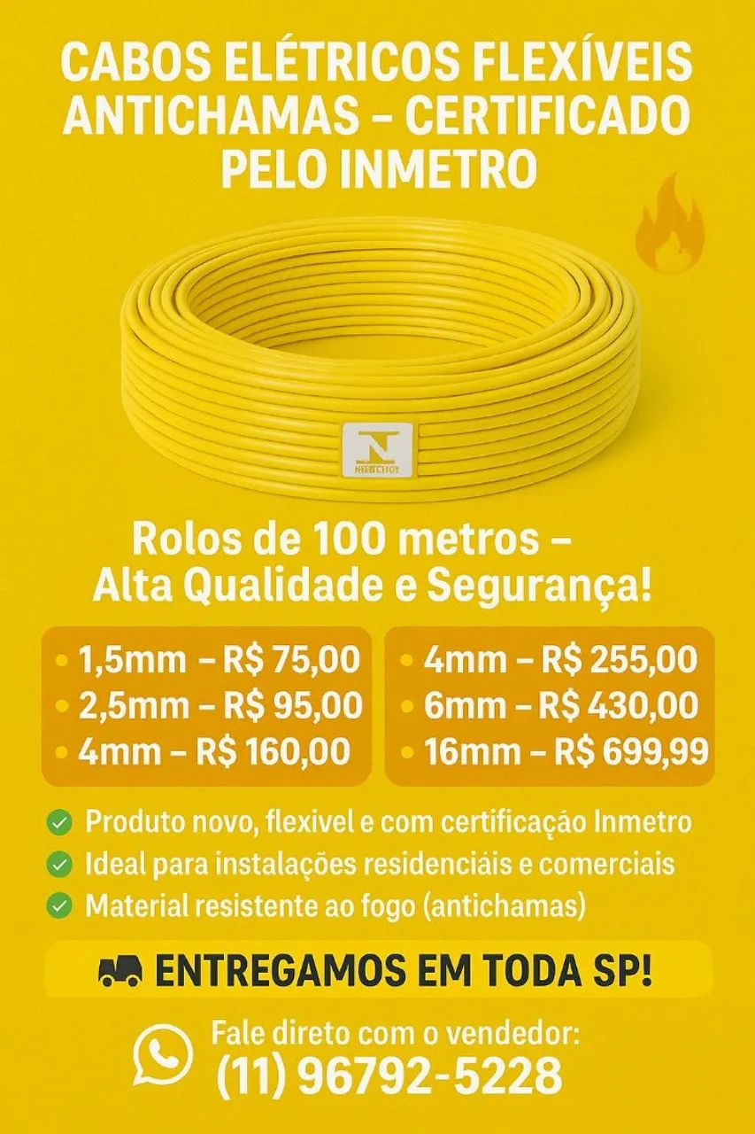 Cabos elétricos flexível antichamas certificado pelo Inmetro 