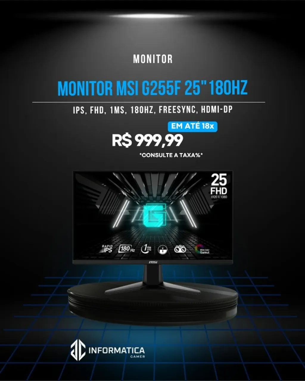 Monitor Gamer MSI G255F 25" FHD, Tela Flat, IPS, 180hz, 1ms, DP e HDMI, Anti-reflexo