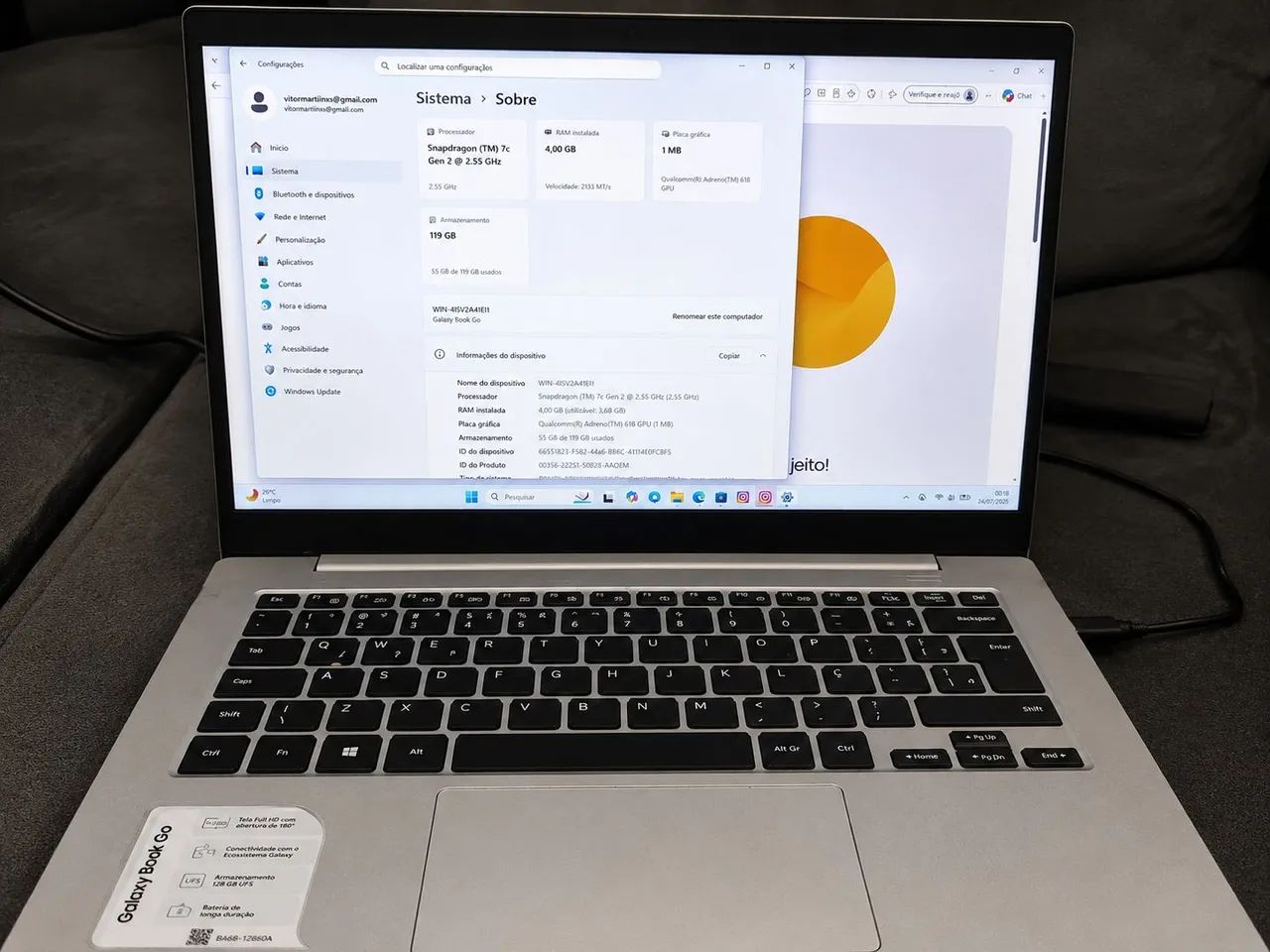Notebook Samsung Galaxy Book Go 128GB SSD UFS | Snapdragon 7c Gen 2 | 4GB RAM | Único Dono - Foto 2