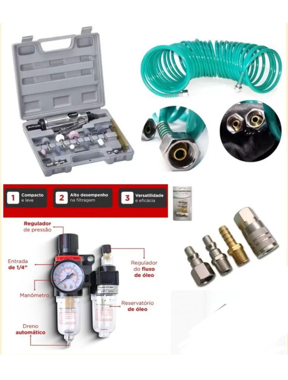 KIT RETÍFICA E LIXADEIRA+MANGUEIRA+FILTRO DE AR DUPLO+JOGO DE ENGATES RÁPIDOS+BRINDE 