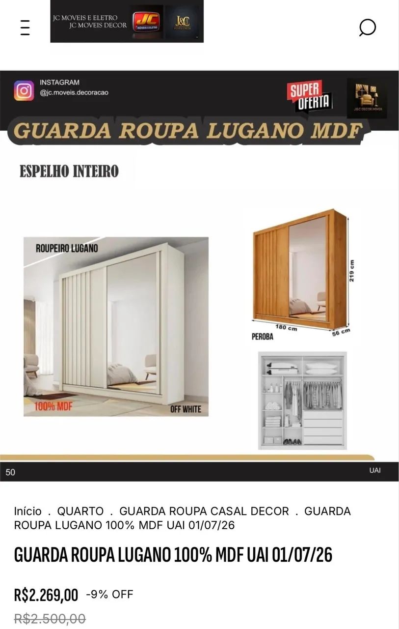 GUARDA ROUPA LUGANO COM ESPELHO MDF - Foto 5