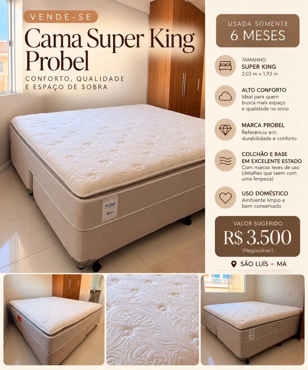 Cama Super King Probel com Colchão e Base Dupla- 6 Meses - Foto 3
