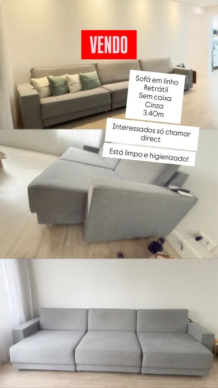 Sofá 3.40m em Linho na cor cinza 