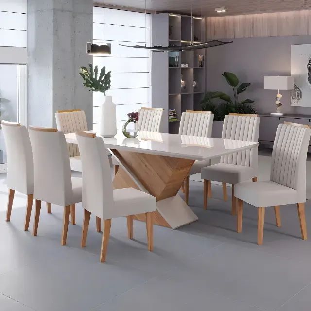Mesa de Jantar para 8 Lugares com Tampo de Vidro Branco