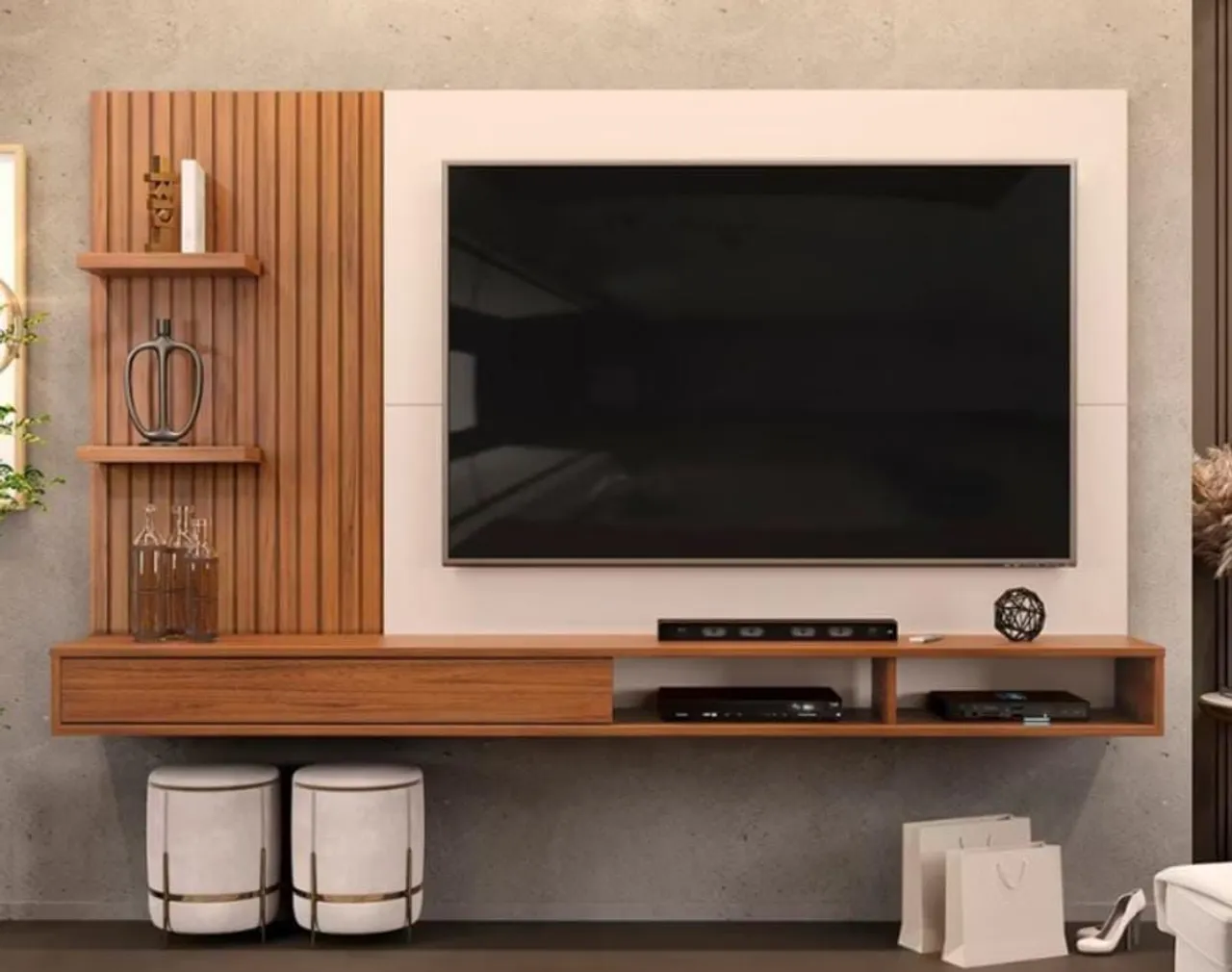 Painel de TV Moderno com Prateleiras e Rack