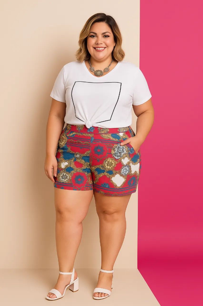 SHORT PLUS SIZE ESTAMPA LENÇO EM HELANCA