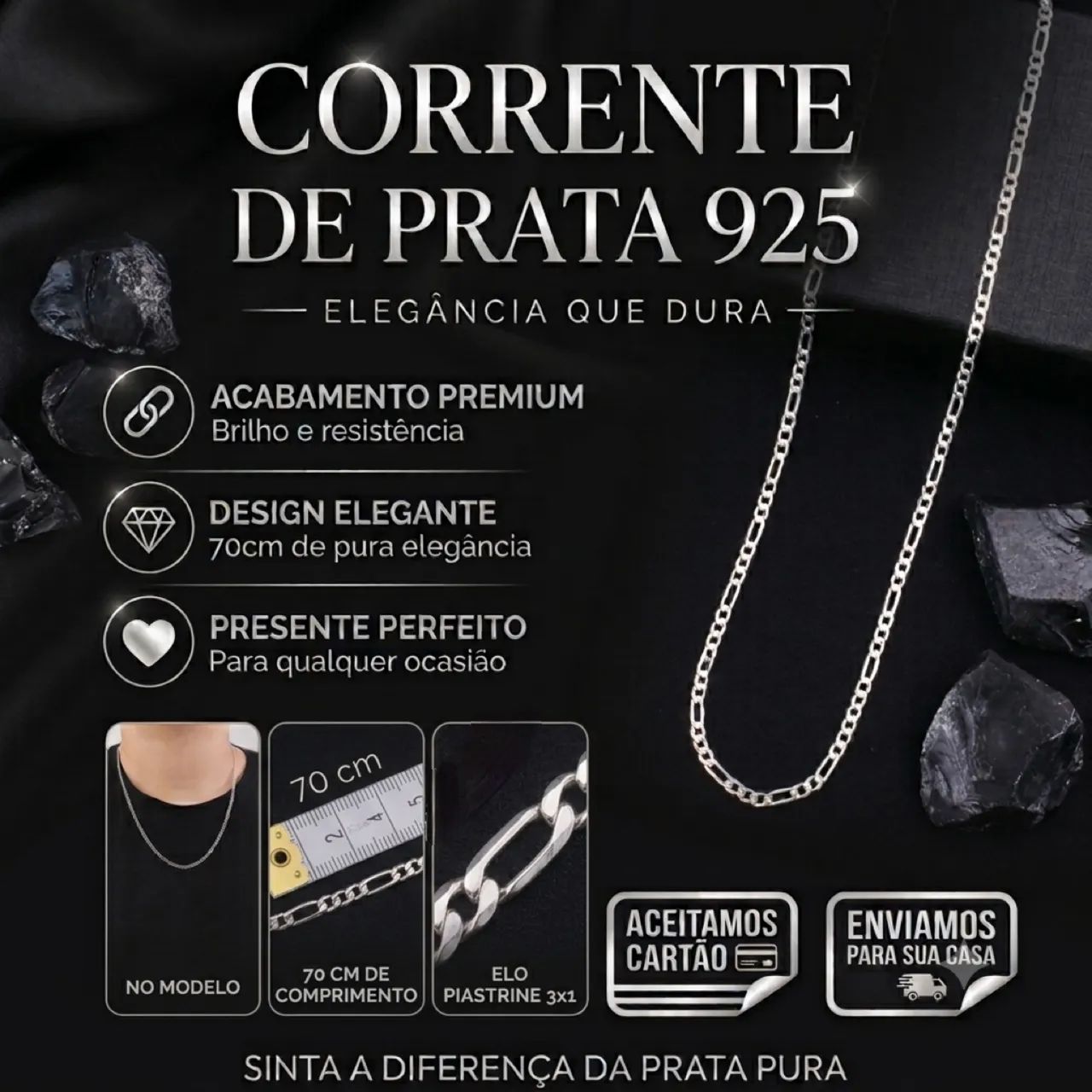 Corrente de PRATA 925, 70cm, elo 3x1 