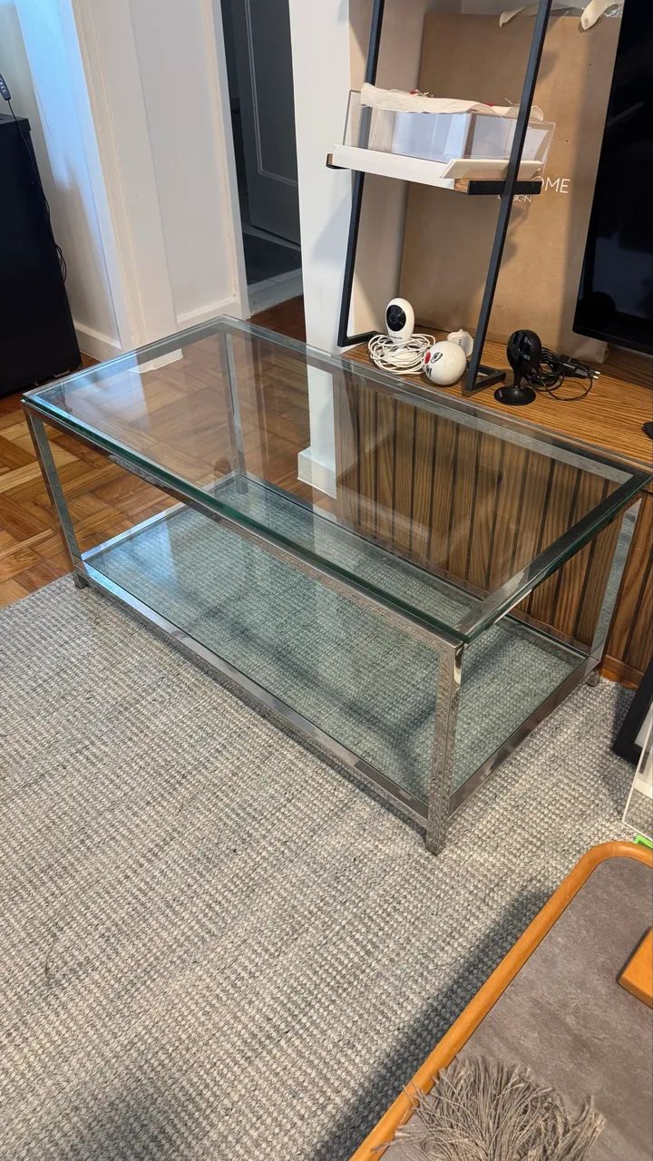 Mesa de Centro Minimalista Aço Cromado e Vidro