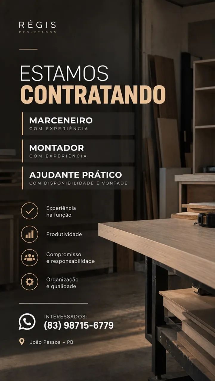 CONTRATANDO MARCENEIRO/MONTADOR E AJUDANTE 