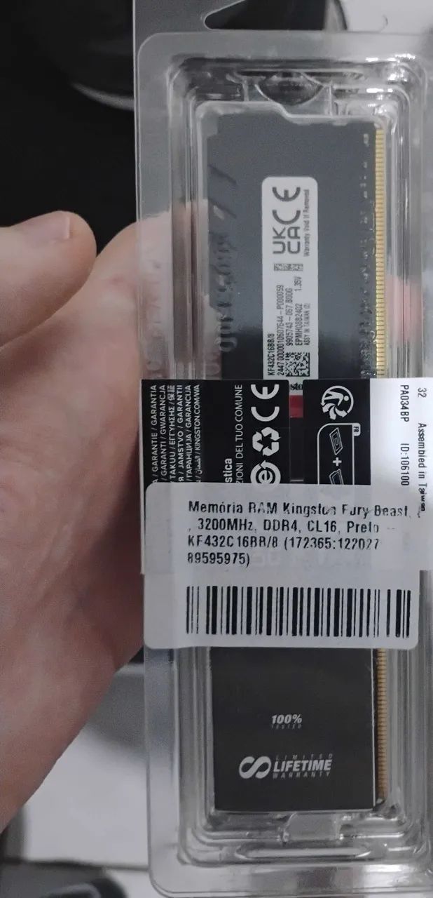 Memória DDR4 Kingston Fury Beast, 8GB, 3200MHz, Black LACRADA NUNCA USADA - Foto 2
