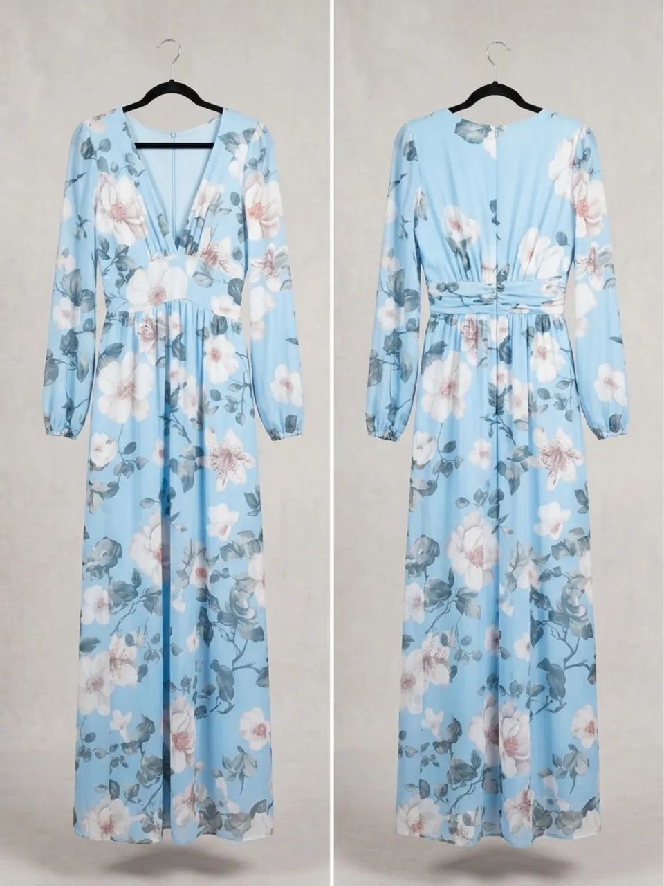 Vestido Longo em Tule Azul Florido 