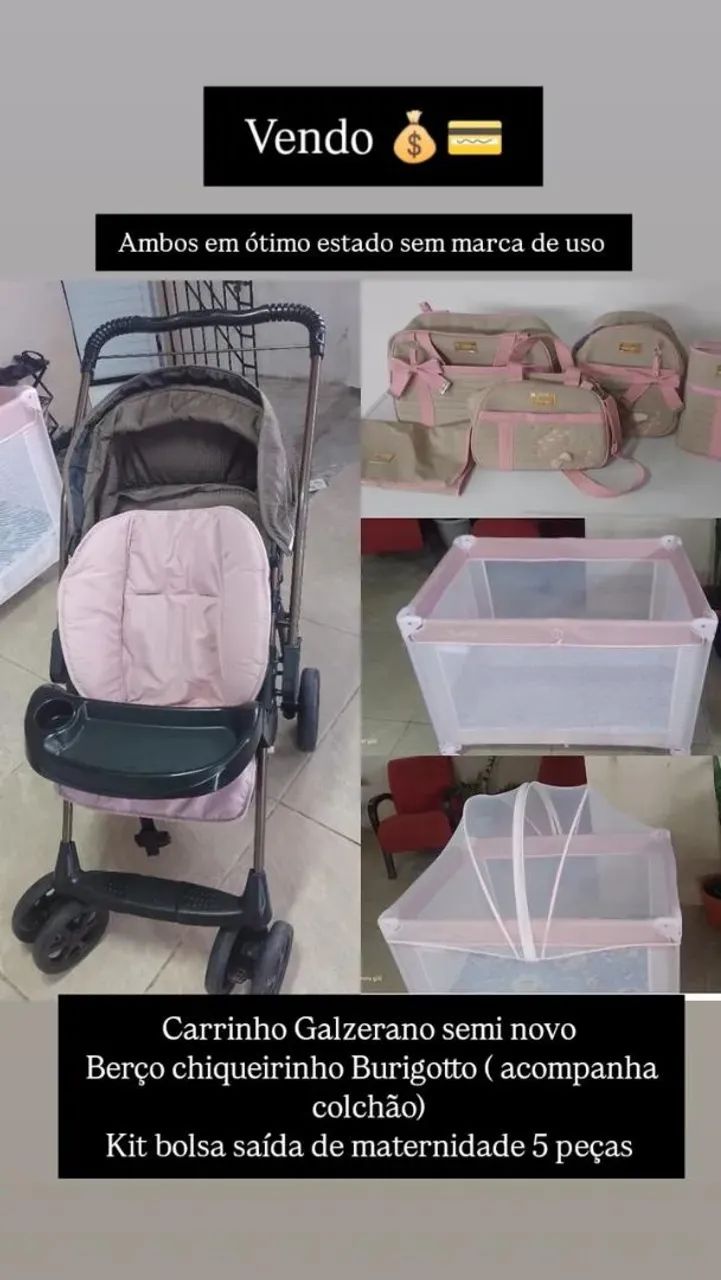 Vendo carinho Galzerano , chiqueirinho com colchão e kits bolsa