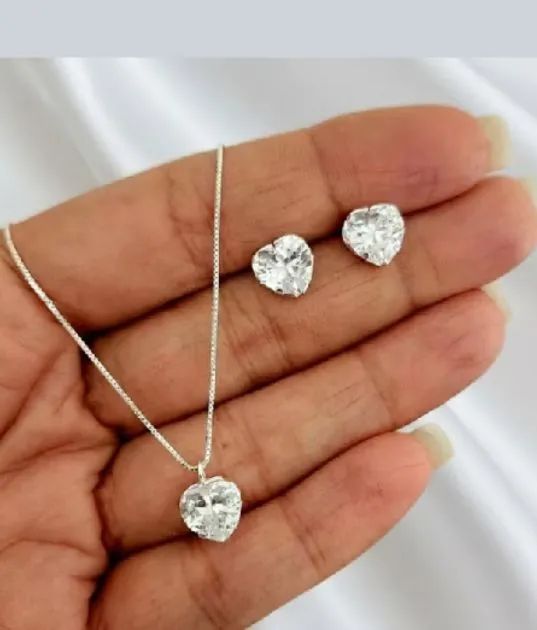 Colar e Brinco de Coração, Prata 925