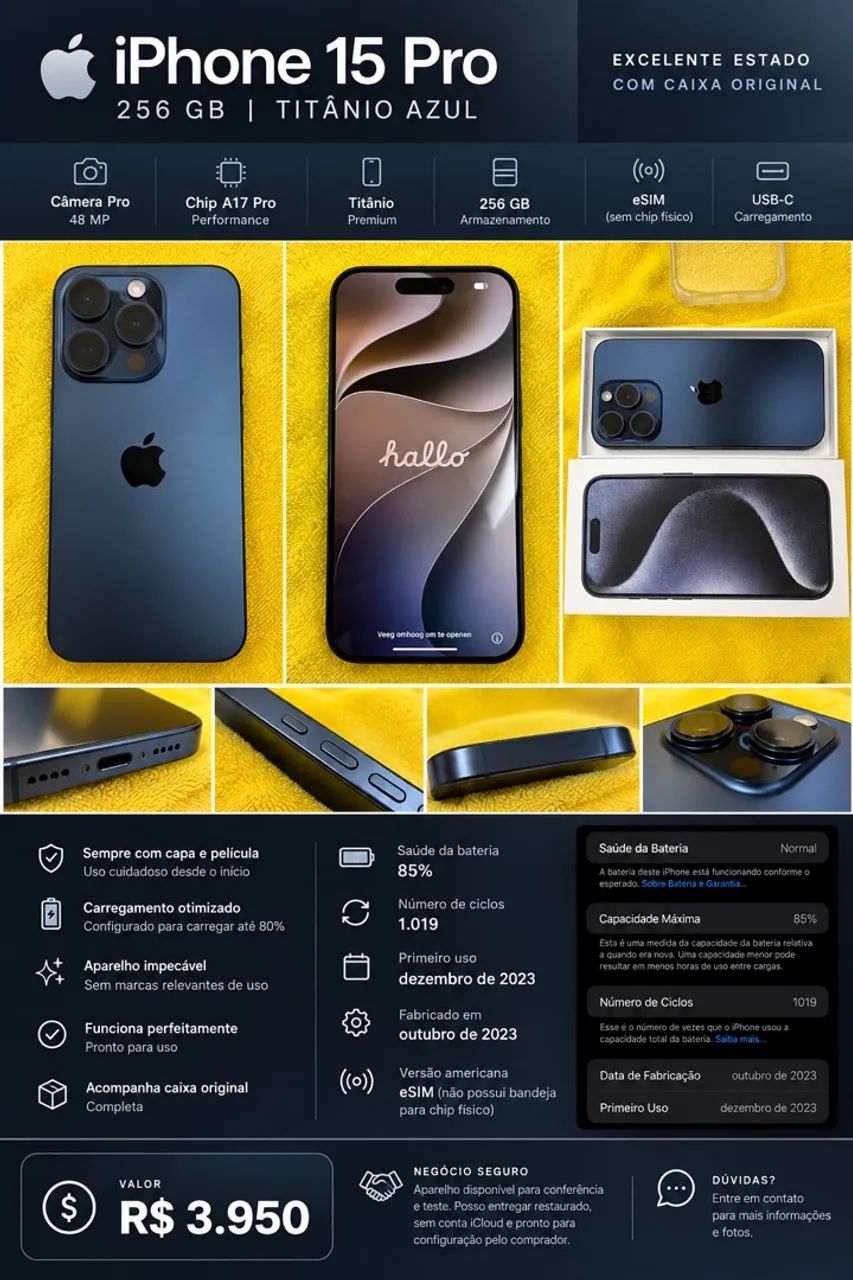 iPhone 15 Pro 256GB Blue Titanium - Impecável + Caixa Original