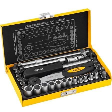 Jogo de soquetes e ponteiras, encaixe de 1/4", com 33 peças, Vonder (Nova)