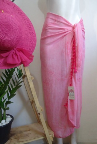 Canga de Praia piscina Tie Dye Rosa claro grande tecido Chiffon com pompom pink na lateral