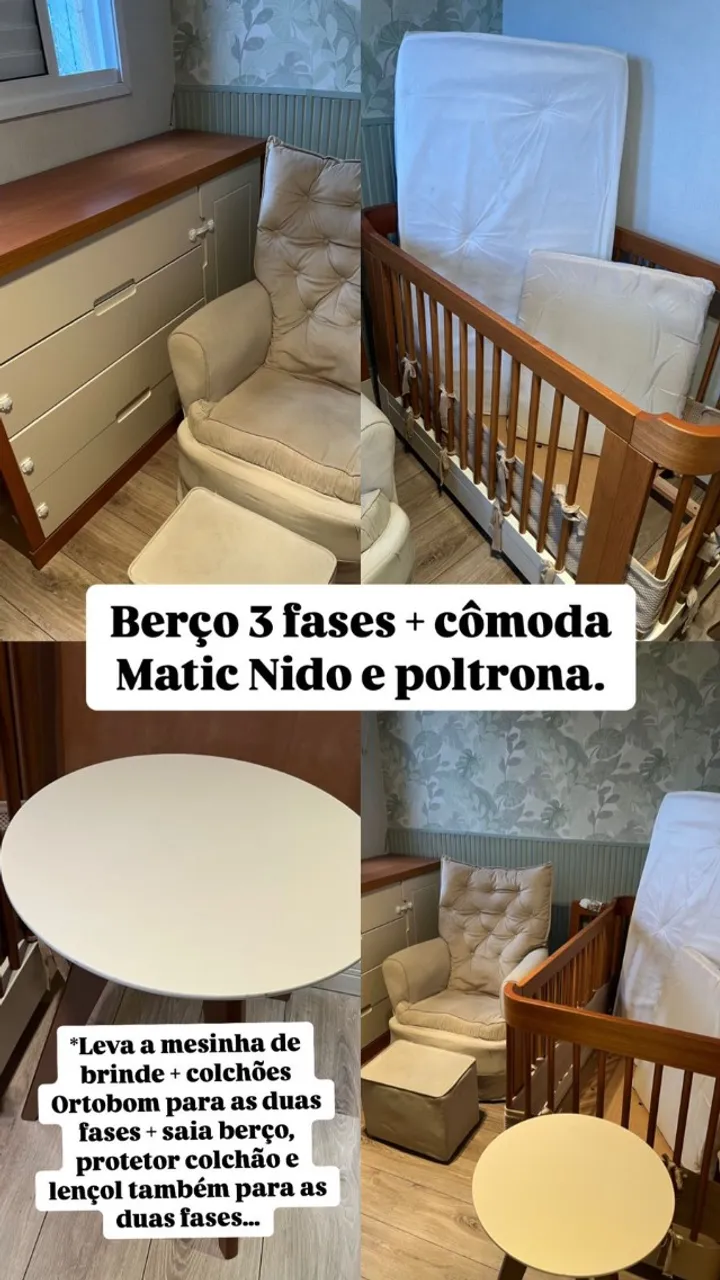 Quarto de bebê Completo Cômoda, berço 3 fases e poltrona de amamentação - Retirar