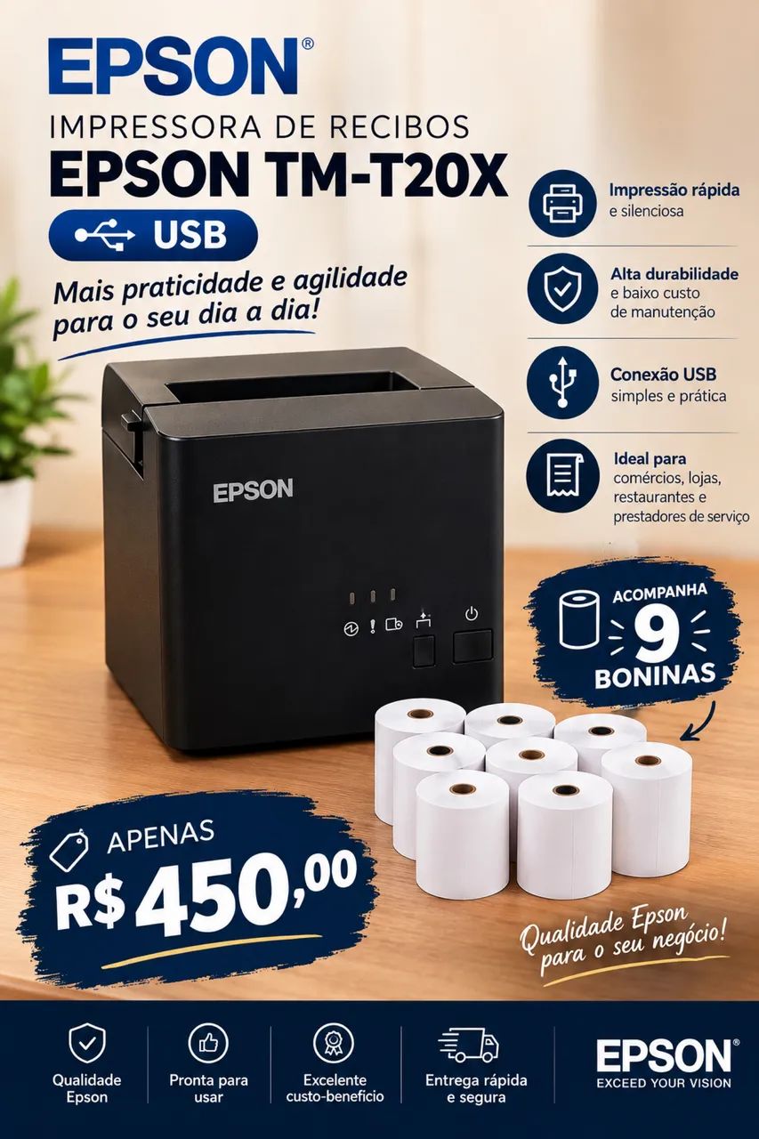 Impressora de Recibos Epson TM-T20X - USB Acompanha 9 Bubinas