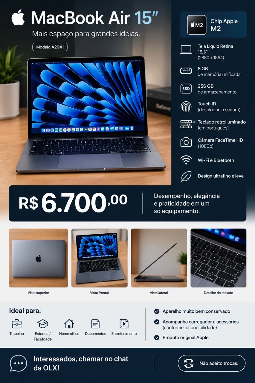 MacBook Air 15? M2 | 8GB RAM | 256GB SSD | Impecável
