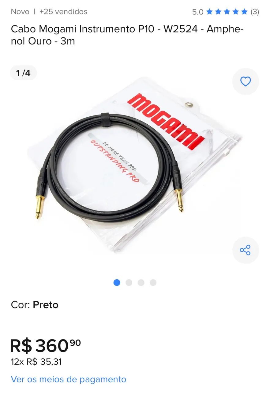 Cabos Mogami 2524 com conectores Neutrik P10 banhados a ouro, 3
