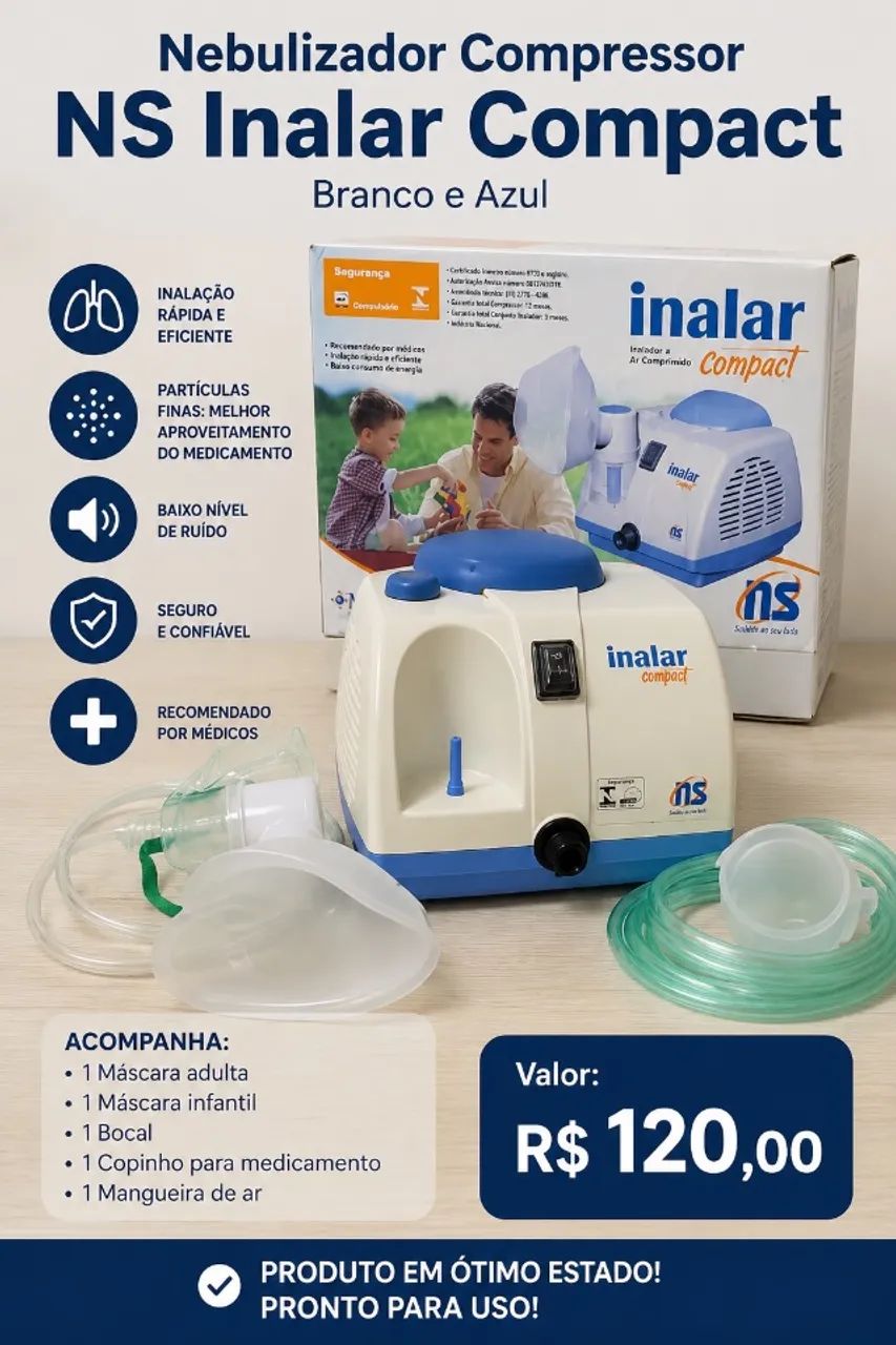 Nebulizador Compressor NS Inalar Compact Branco e Azul