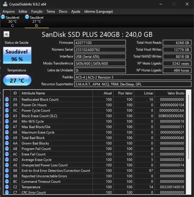 SSD SanDisk Plus 240GB SATA III - Seminovo (96% Saúde / 484h uso) - Foto 3