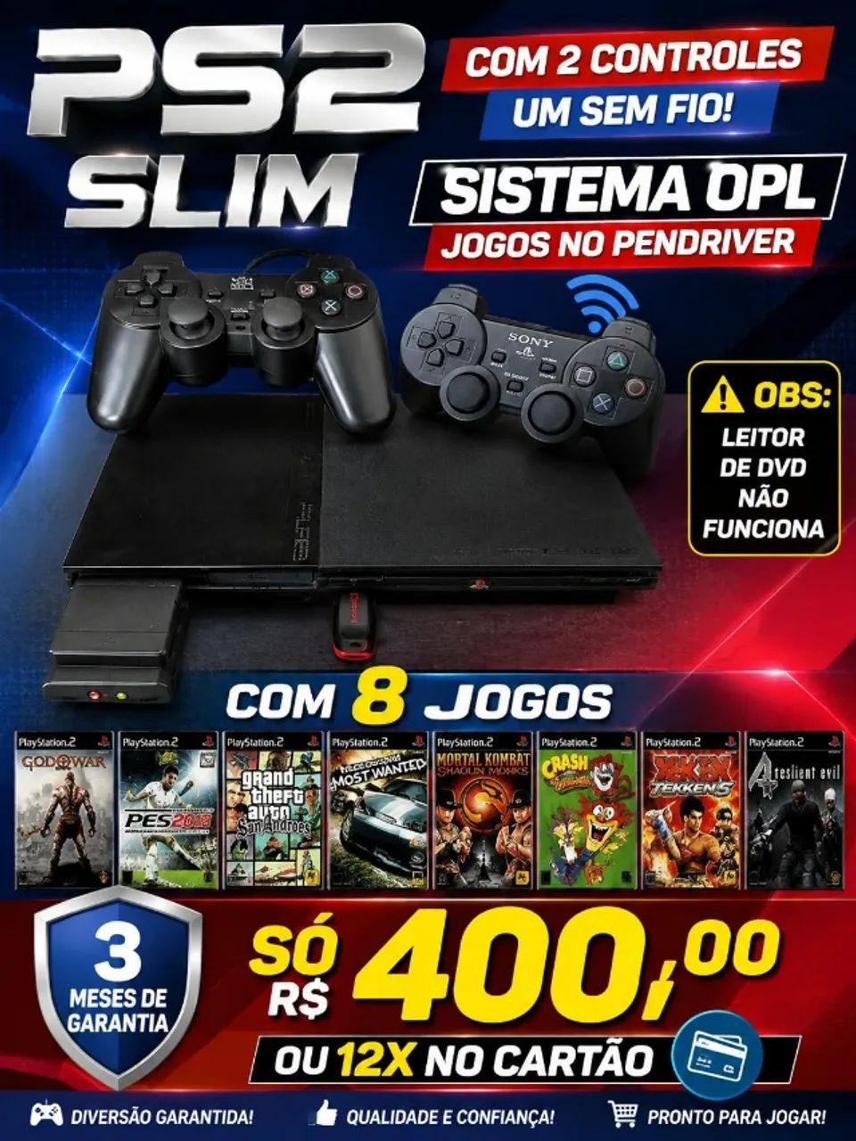 ps2 slim com 2 controles um e sem fio 