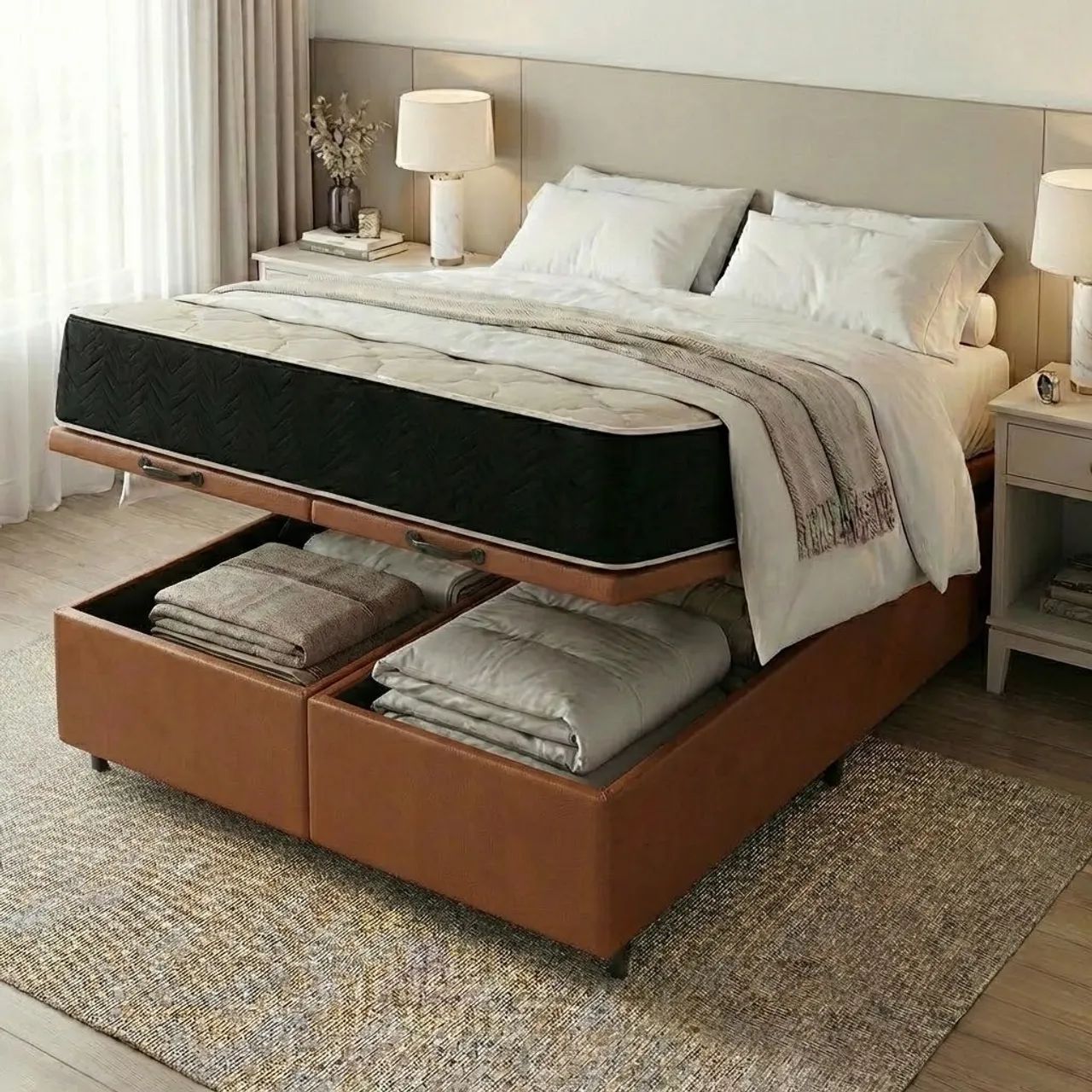 Colchão Queen Premium D45 + Base Box Baú Corino tt43