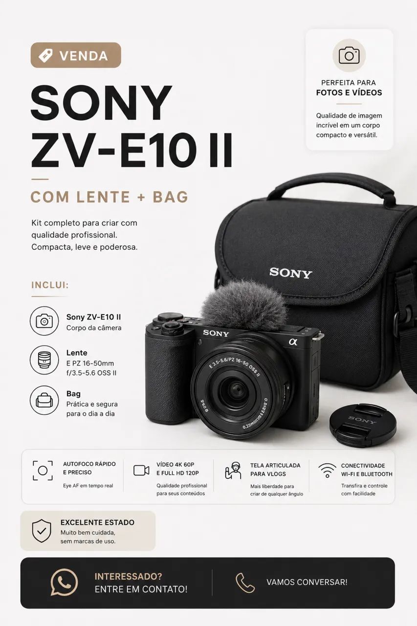 Câmera Sony ZVe-10 ii kit c/ lente e bag