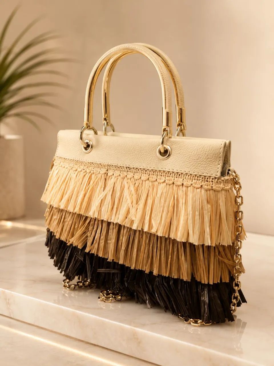 Bolsa de ombro e mão bege com franjas - Foto 2