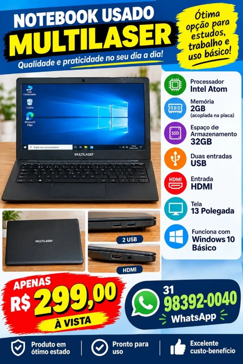 Multilaser Notebook Intel atom memoria 2gb casa loja informática computador escritório