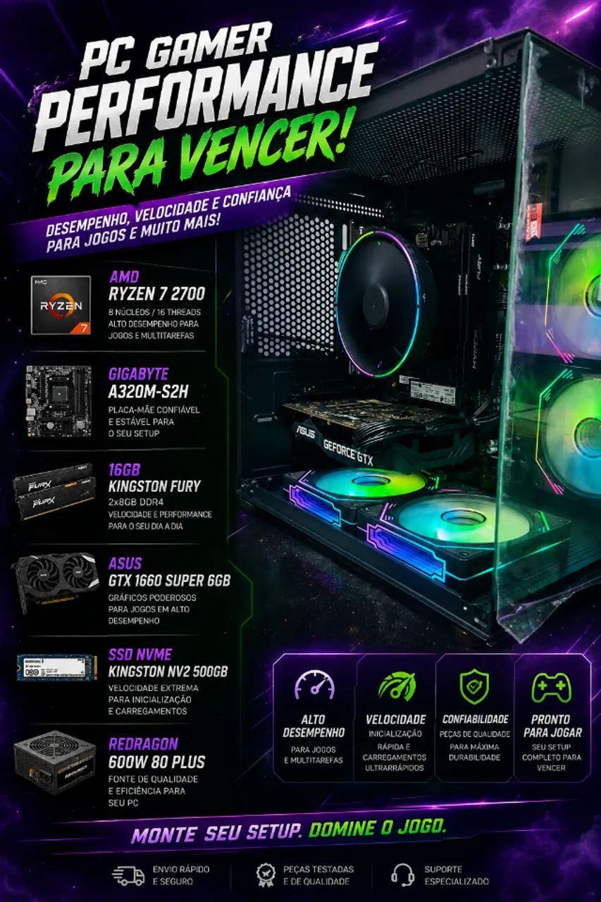 PC Gamer Ryzen 7 2700 GTX 1660 Super 6GB - Completo - Até 12 X 276