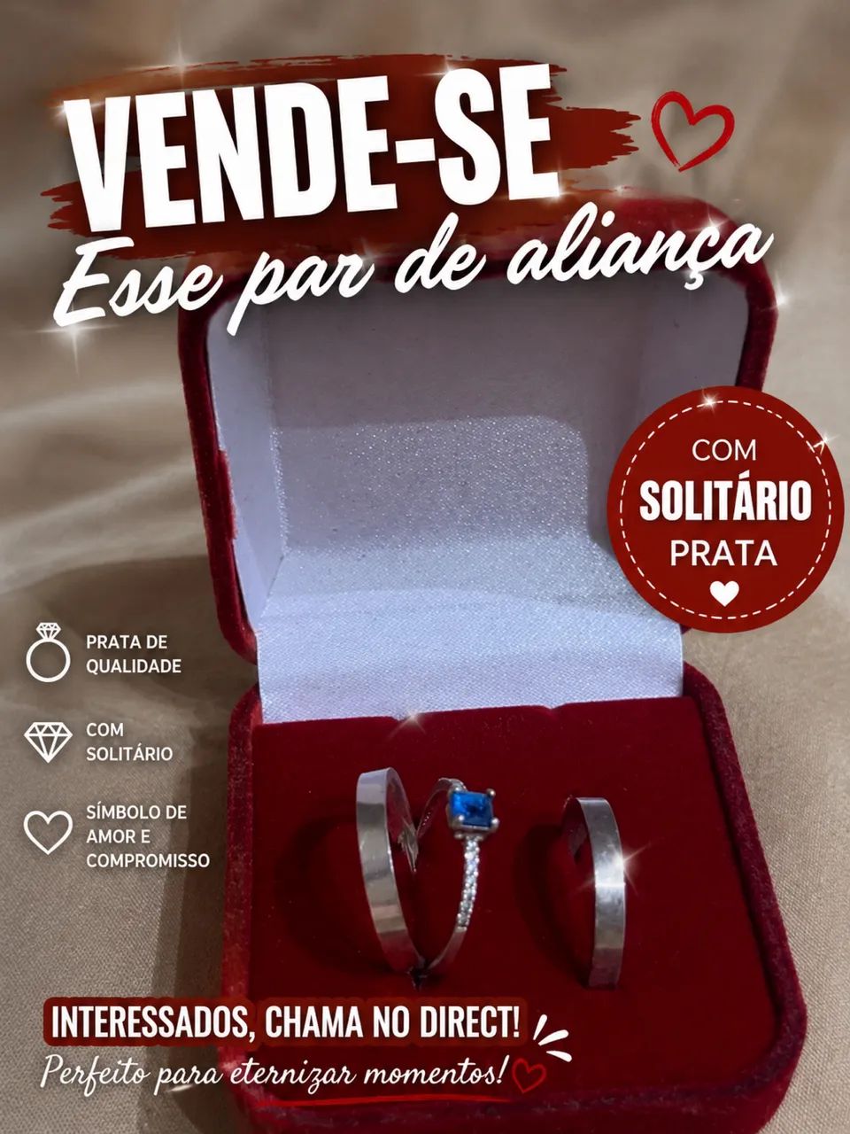 Vende_se par de aliança com solitário ( prata ) - Foto 2