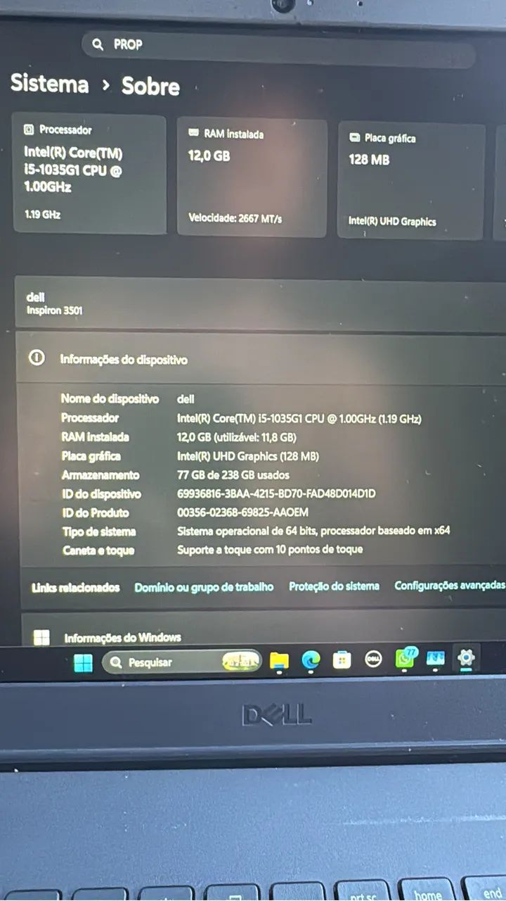Notebook Dell i5 Décima geração + 12GB RAM+ SSD Touchscreen - OLX