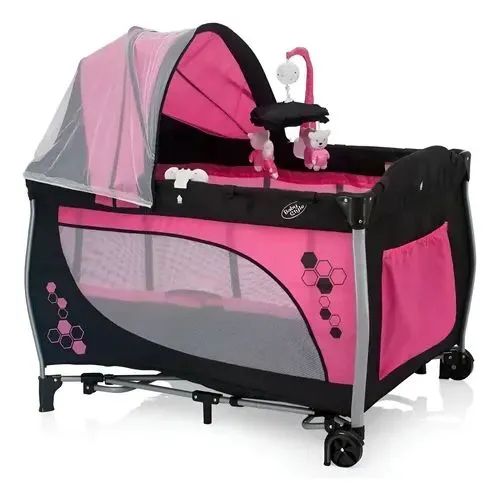 Berço Portátil / Chiqueirinho para Bebê Rosa e Preto com Mosquiteiro