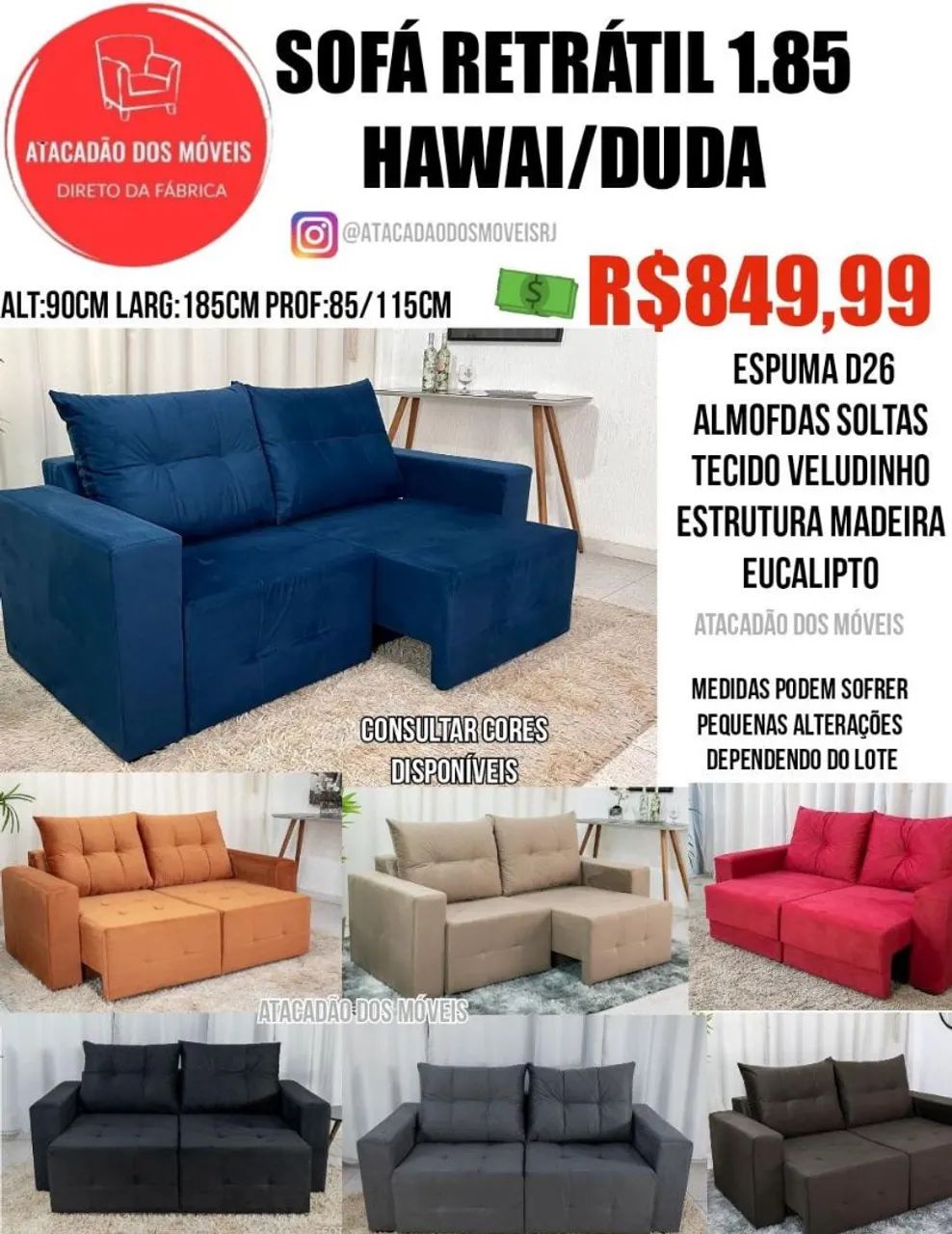 Sofá retrátil 1.85 Hawaii/Duda