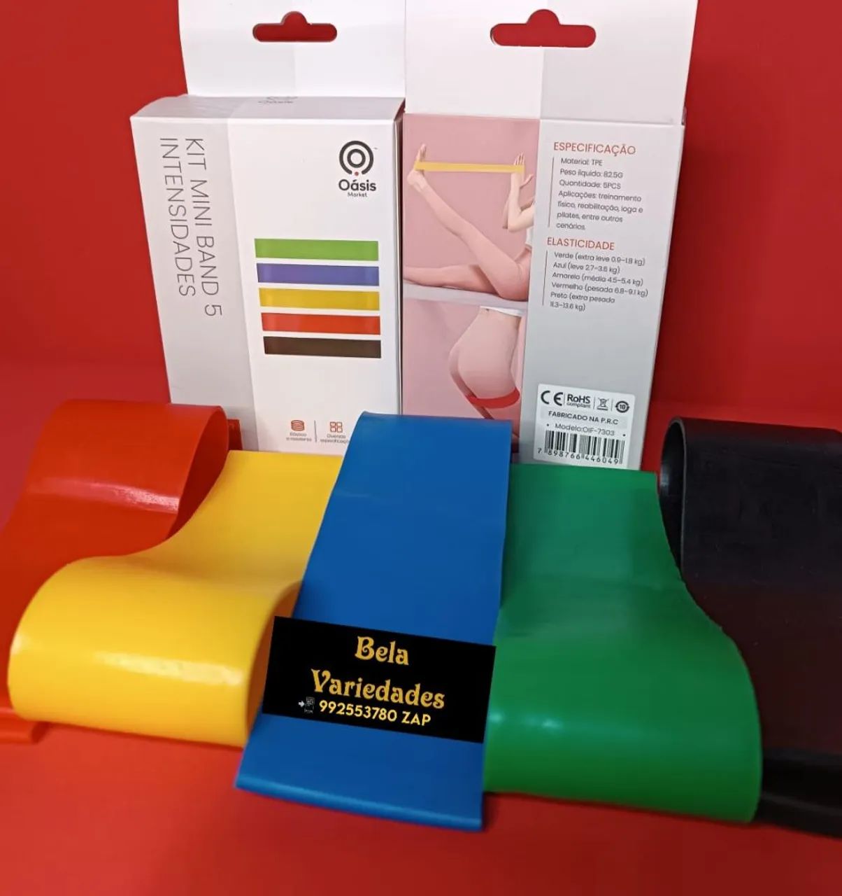 KIT C/ 5 FAIXAS ELÁSTICAS PRA EXERCÍCIOS FÍSICOS FUNCIONAL 