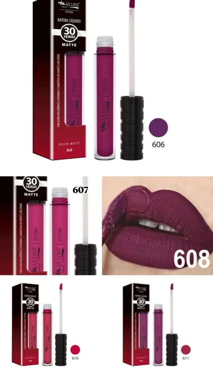 Kit 5 Batons Líquido Matte Max Love 30H Resistente à Água. (606,607,608,610,611) - Foto 2