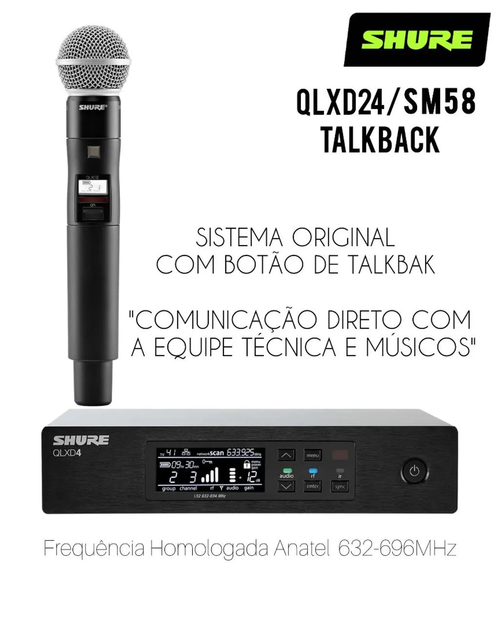 Microfone Sem Fio Profissional SHURE SLXD24/SM58 TalkBack + Bateria + Carregador