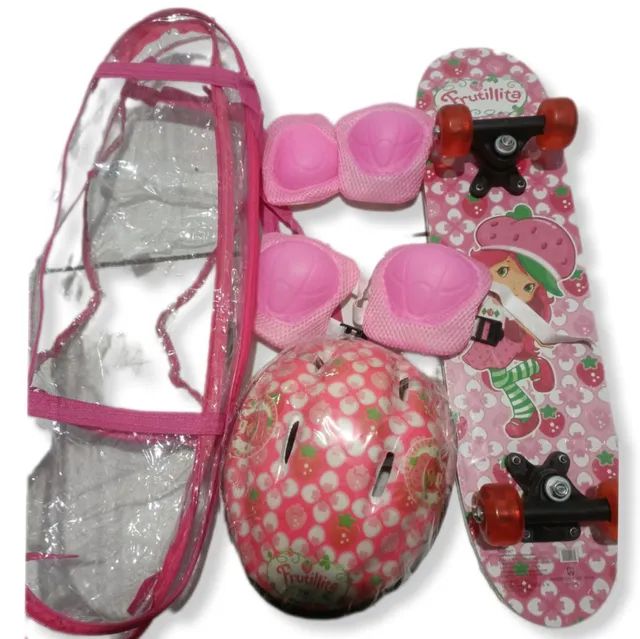 R$159.99 kit completo skate + capacete + cotoveleira joelheira infantil moranguinho 0km