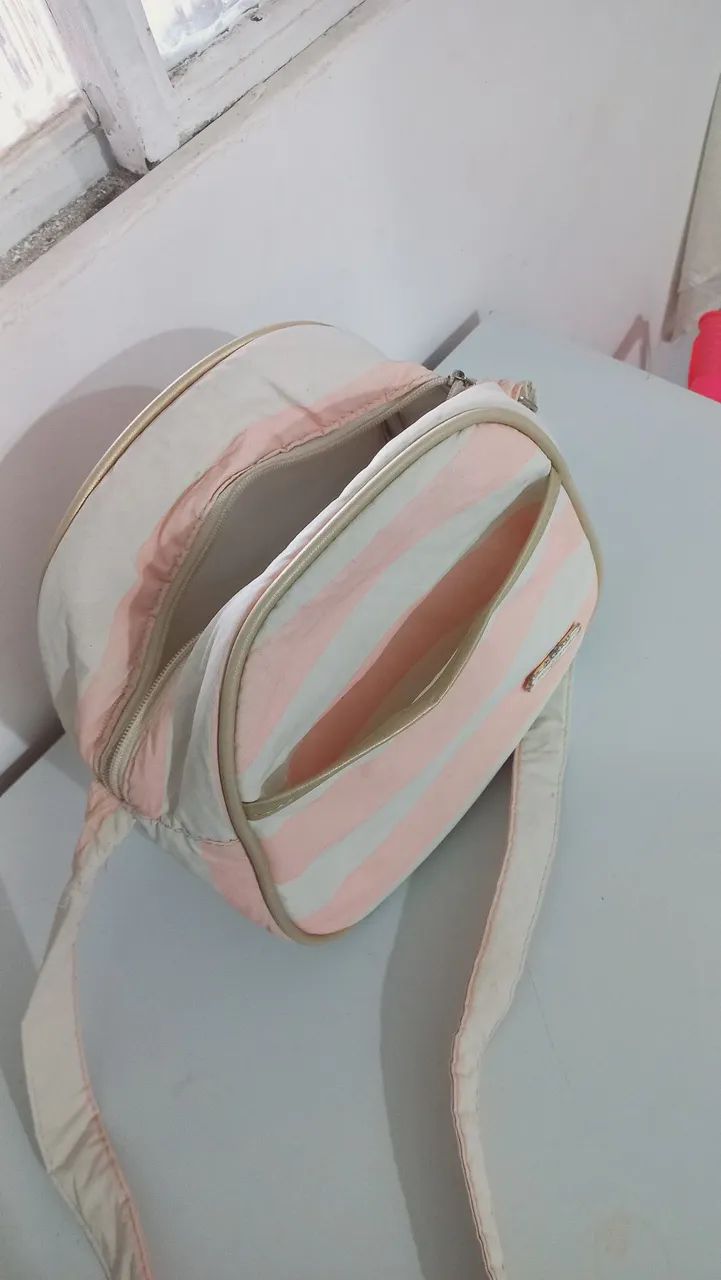 Bolsa de ombro listrada rosa e branca bebê menina 