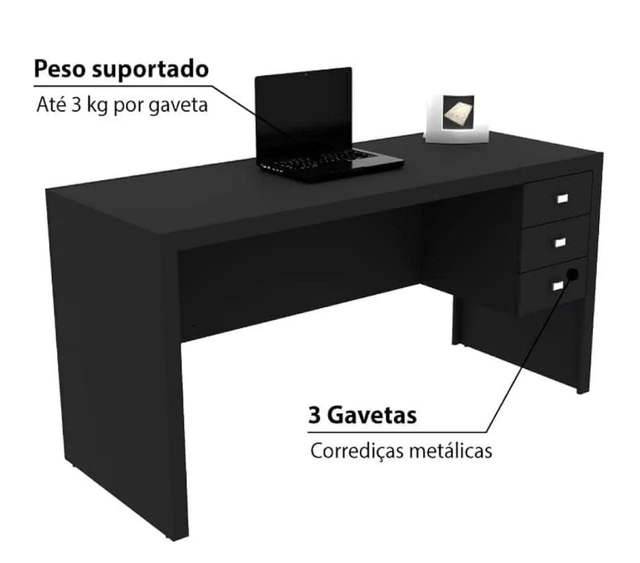 Escrivaninha Preta com 3 Gavetas - Foto 3
